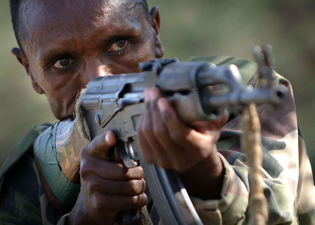 Ethiopian soldier holding an AK-47. 